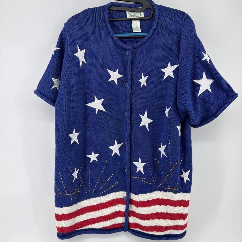 Quacker Factory Stars & Stripes Button Up Cardigan Sz L Short Sleeves Americana